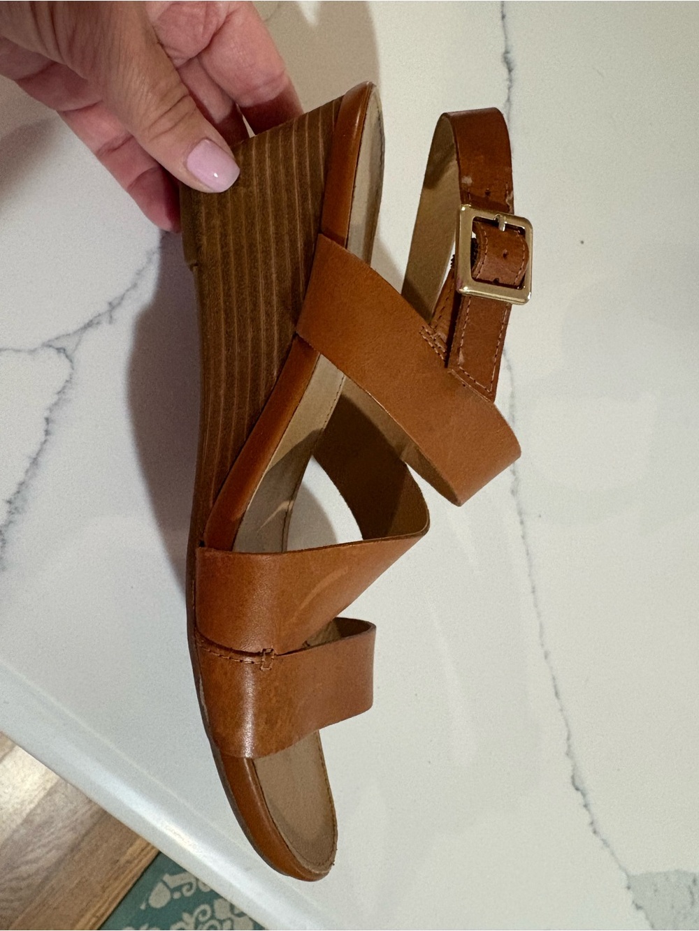 Franco Sarto Women's Tan Strappy Buckle Wedge Sandals - Picture 2 of 4